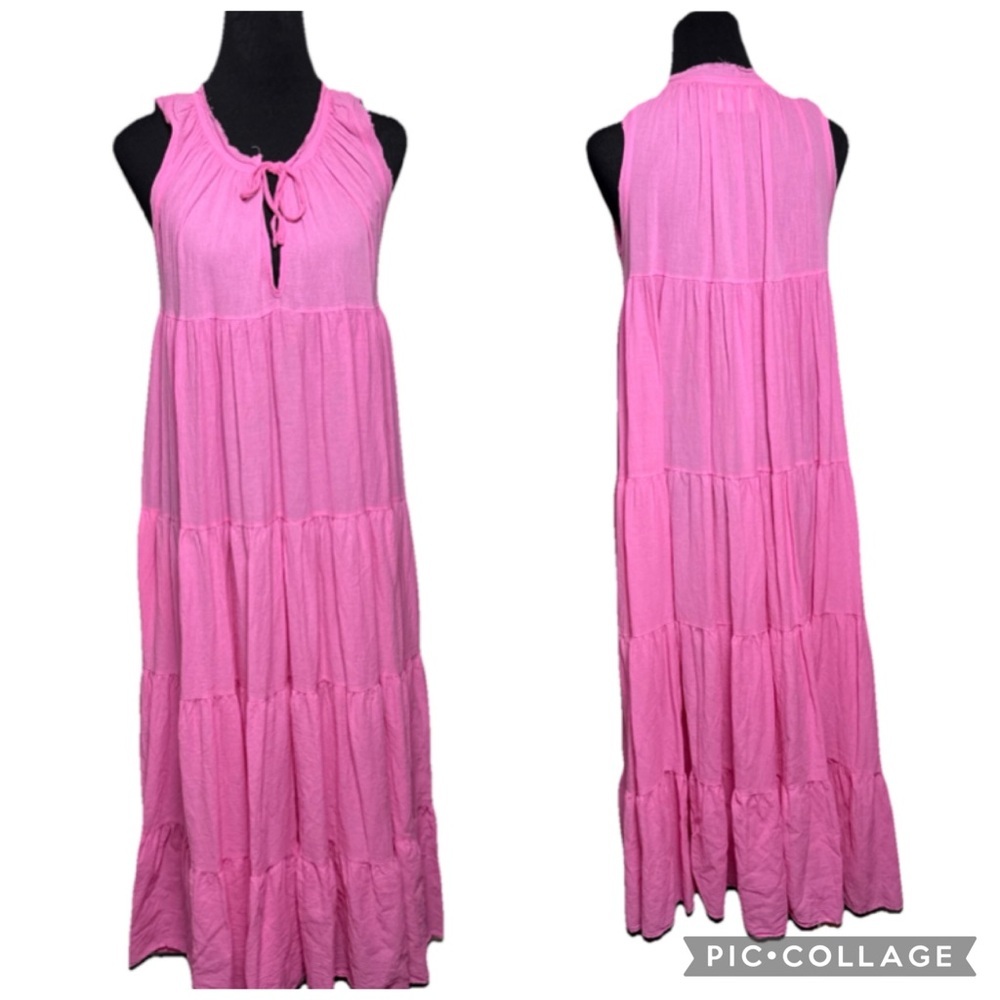 9Seed Maxi Babydoll Dress SZ S Gauze Lighthouse Beach Pink Tiered Resort Pocket